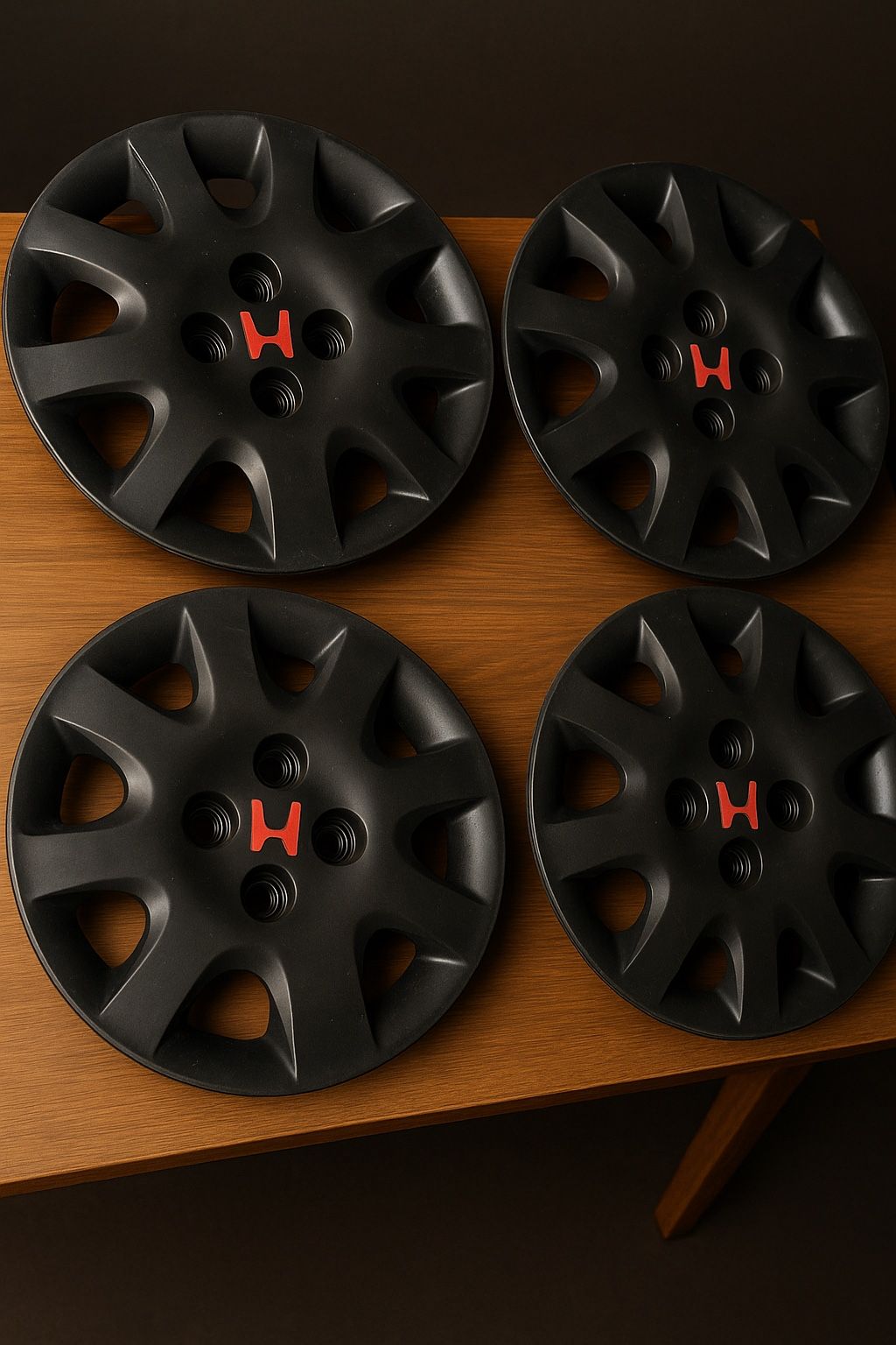 Set of 4 Genuine Black Honda Hubcaps – Wheel Covers with Red H Logo (Used, Good Condition)