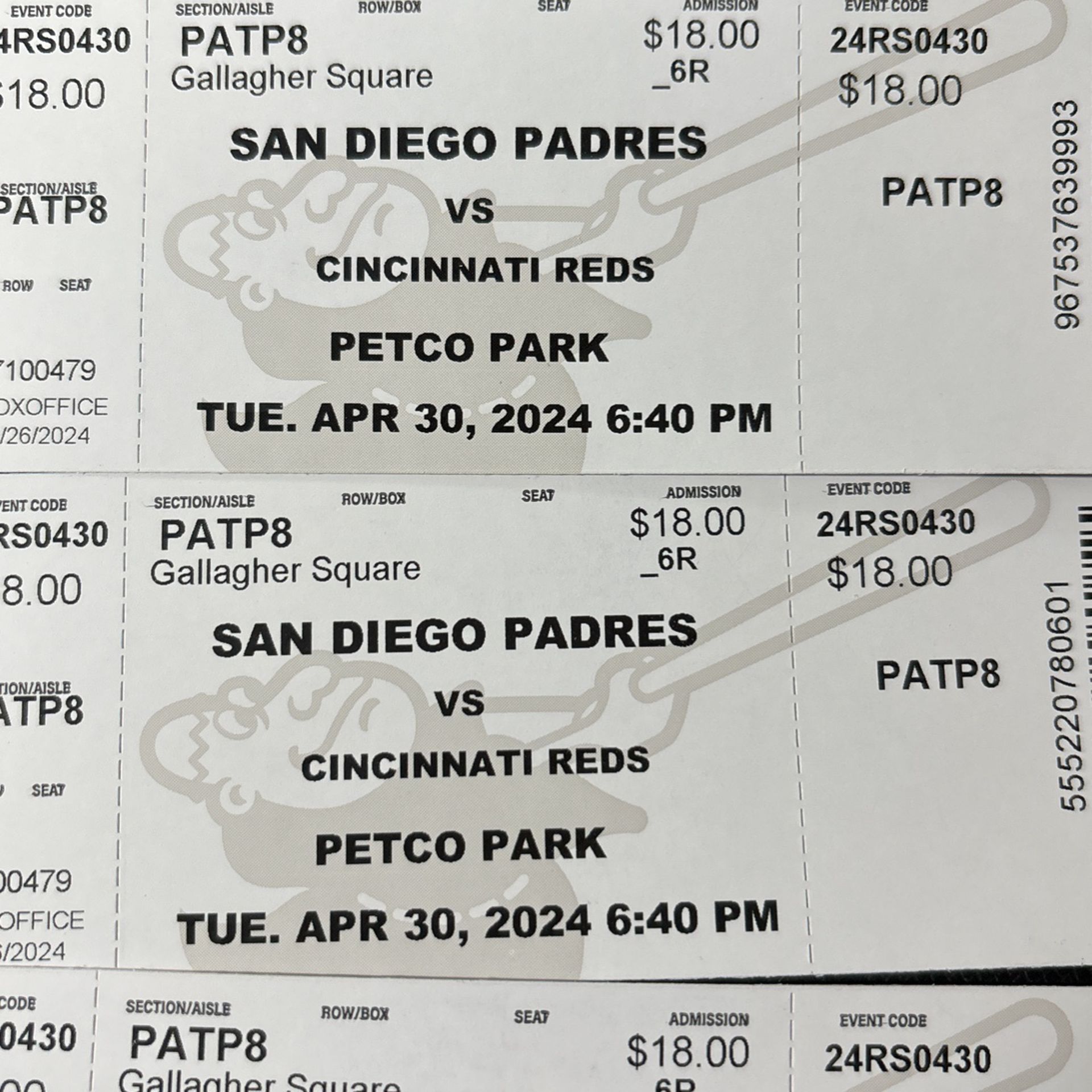 Padres vs. Reds Tuesday 4/30 - 4 Tickets 