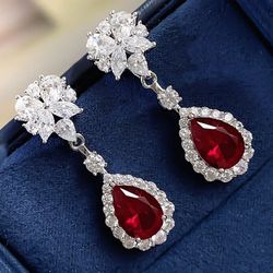 Luxury 14K White Gold Plated Ruby Cubic Zirconia Women's Banquet Earrings, Valentine's Gift