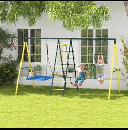 Outsunny Metal Swing Set for Backyard 5 in 1 Design Holds