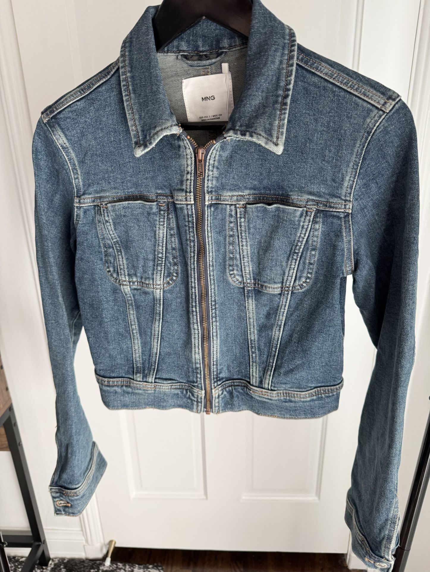 Mango - Medium Vintage Blue Zip-up Denim Jacket, S