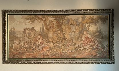 Large Vintage French Rococo Style Framed Tapestry – Boucher “Fountain of Love” – 35” X 71”