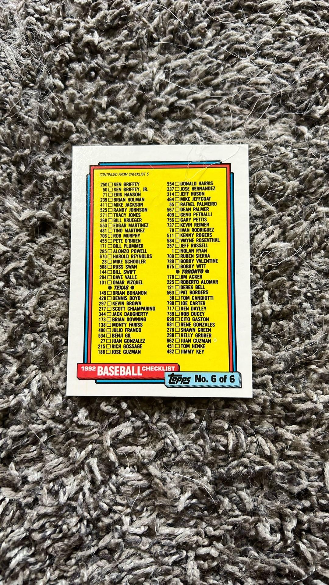 1992 Topps #787 Baseball Checklist No. 6 Of 6