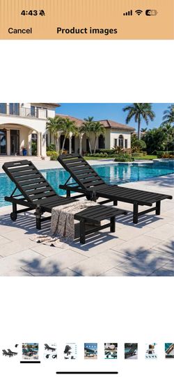 New in box SERWALL HDPE Outdoor Chaise Lounge Set of 2 with Cup Holder & Wheels, Black Weather-resistant chaise lounge resists fading, with 5-level ad