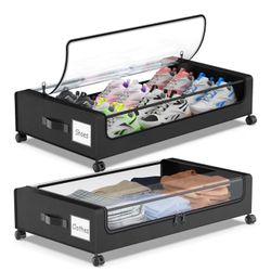 Under Bed Storage with Wheels, 2-Pack Underbed Storage Containers with Clear Lids, Under Bed Shoe Storage Organizer, Rolling Under 