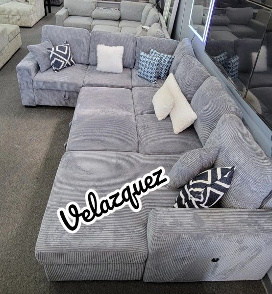 ✅️✅️Dark grey corduroy fabric sectional sofa with storage chaise and love seat and pop up sleep area in center USB charging✅️