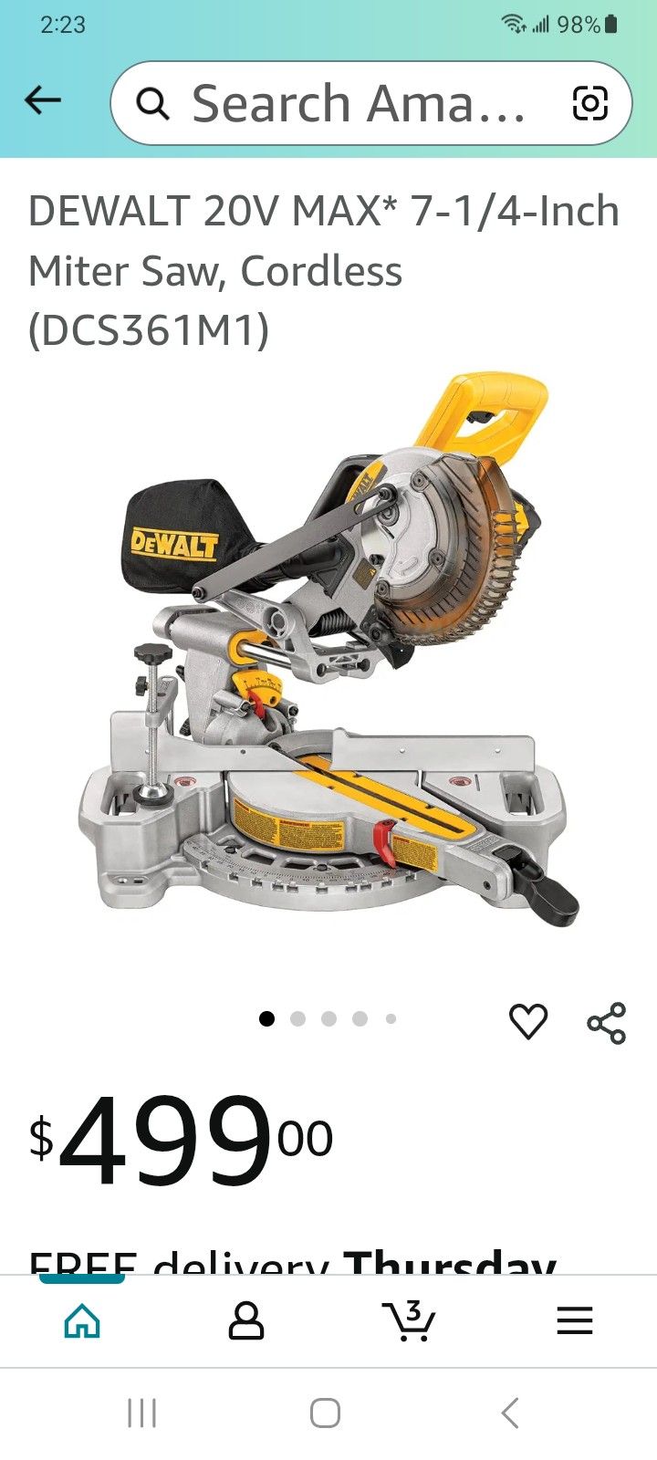 DEWALT 20V MAX* 7-1/4-Inch Miter Saw, Cordless (DCS361M1) open box like new