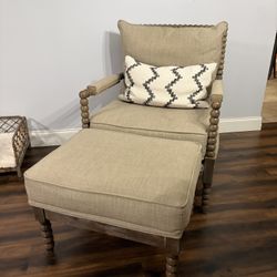 Farmhouse Wooden  Arm Chair With Ottoman 