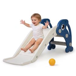 Kids slide, Blue & white 3 in 1 Toddler Slide Playset, Baby Slide with Basketball Hoop and Ball, Indoor and Outdoor Playground for Kids, NEW