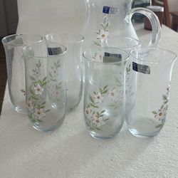 Hand Crafted Crystal Set Of Six And Pitcher 