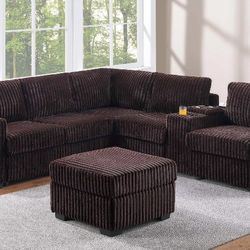Sectional  Sofa With Ottoman Cupholders  And USB Ports  Fur-Like Jumbo Corduroy 