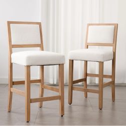 New Set of 2 Counter Height 26" Bar Stool Chairs in Beige Linen Upholstery & Natural Wood Finish
