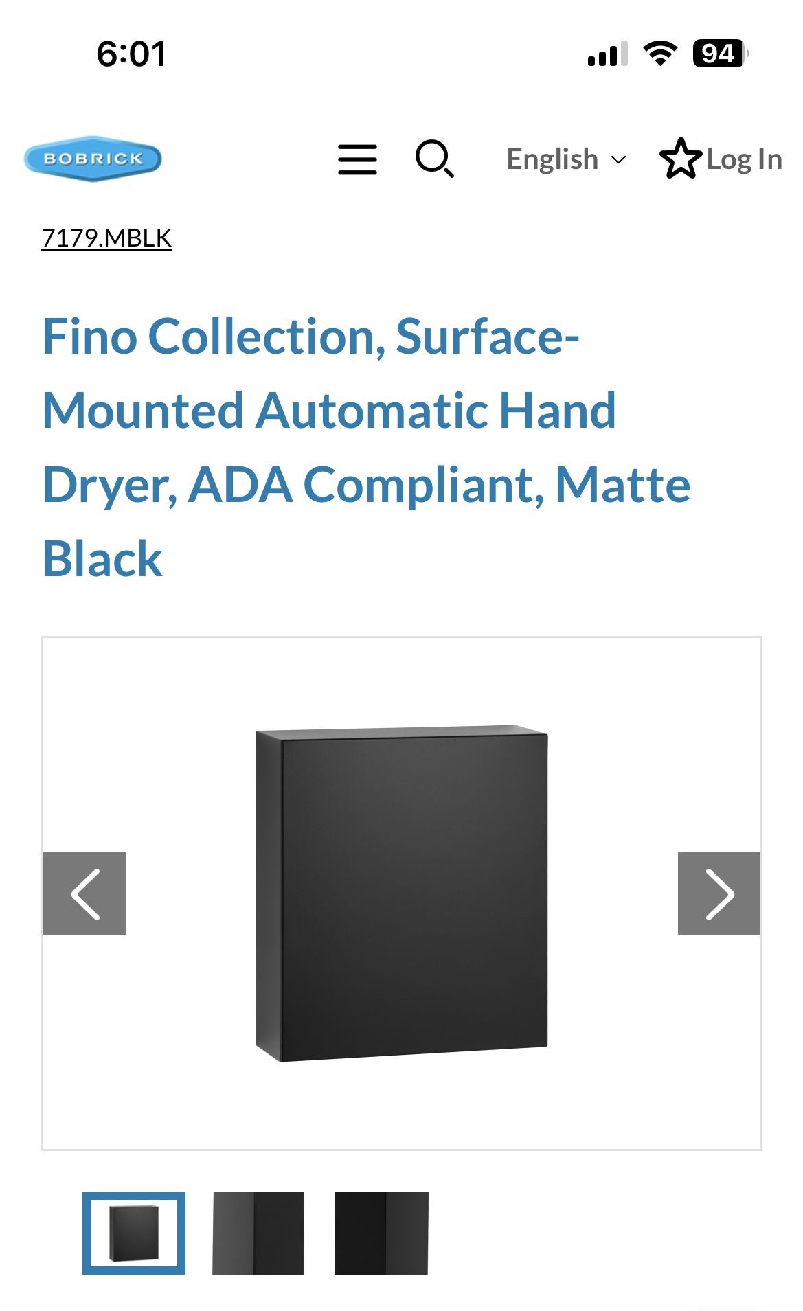 Bobrick B-7179.MBLK “FINO” Matte Black HAND DRYER