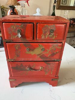Vintage Red Chinoiserie  Lacquered Chinese Jewelry Box with Drawers