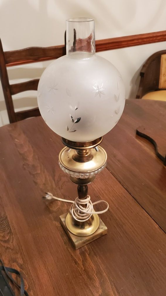 Vintage brass and marble lamp with hand etched hurricane glass globe