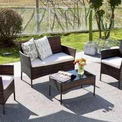 NEW Patio Furniture Set 4 Pieces, Outdoor Furniture W/ Soft Cushion & Glass Table - Loveseat !