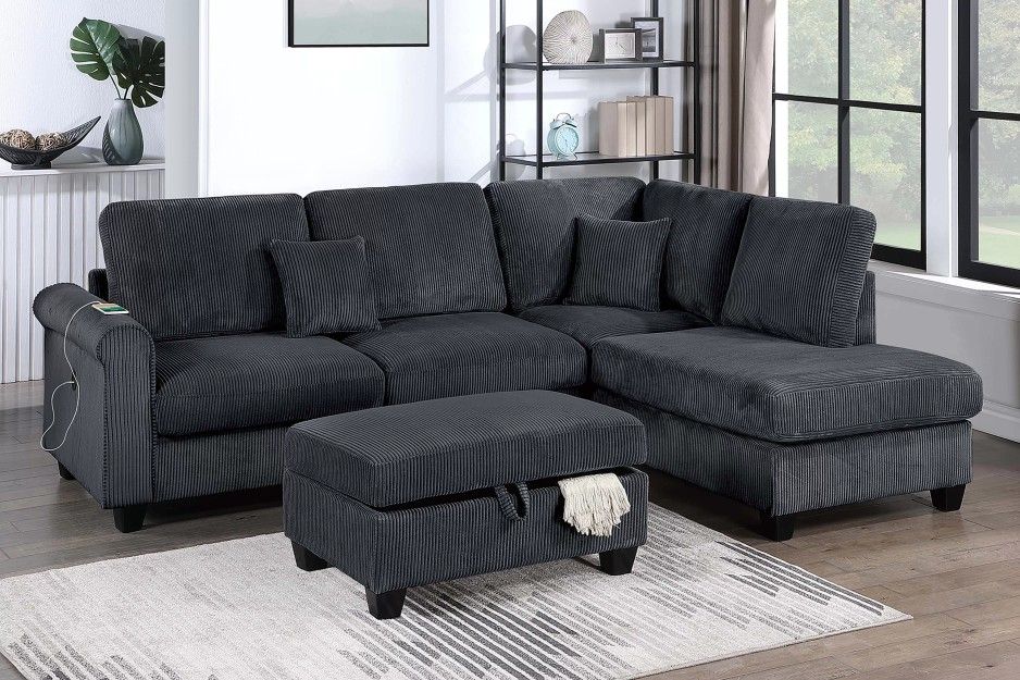 ✅️✅️3 pc black corduroy fabric sectional sofa with USB plugs rounded arms with chaise and storage ottoman✅️✅️