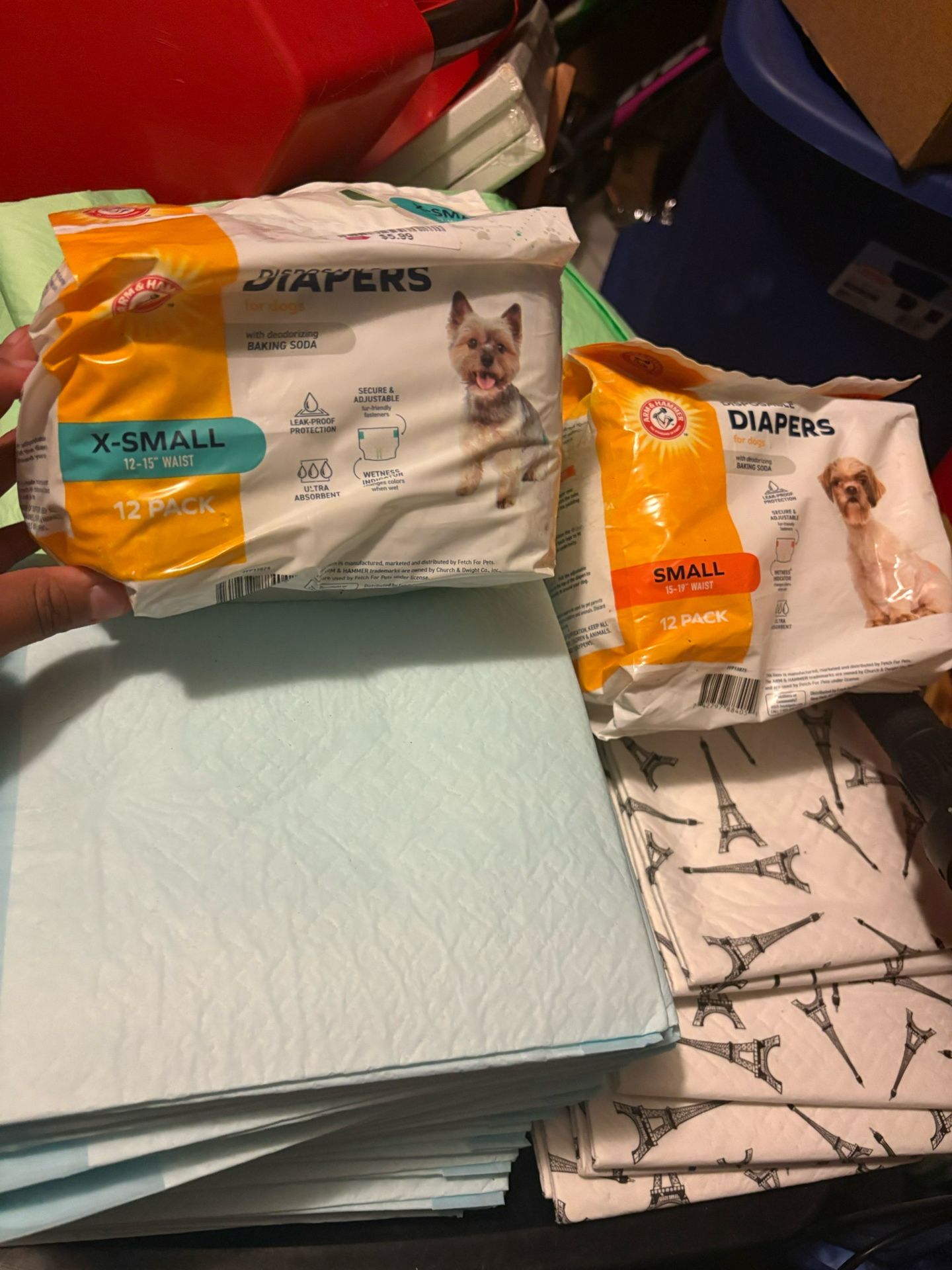 Small, X-Small dog diapers, Dog pads and big box of dog milk bones