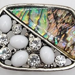Opal & Glass Ring Silver Tone Chunky 1"x1.5" Expandable Size Fitting
