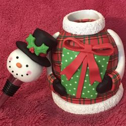 Christmas Snowman Wine Bottle Cover & Stopper Set NEW in Box!