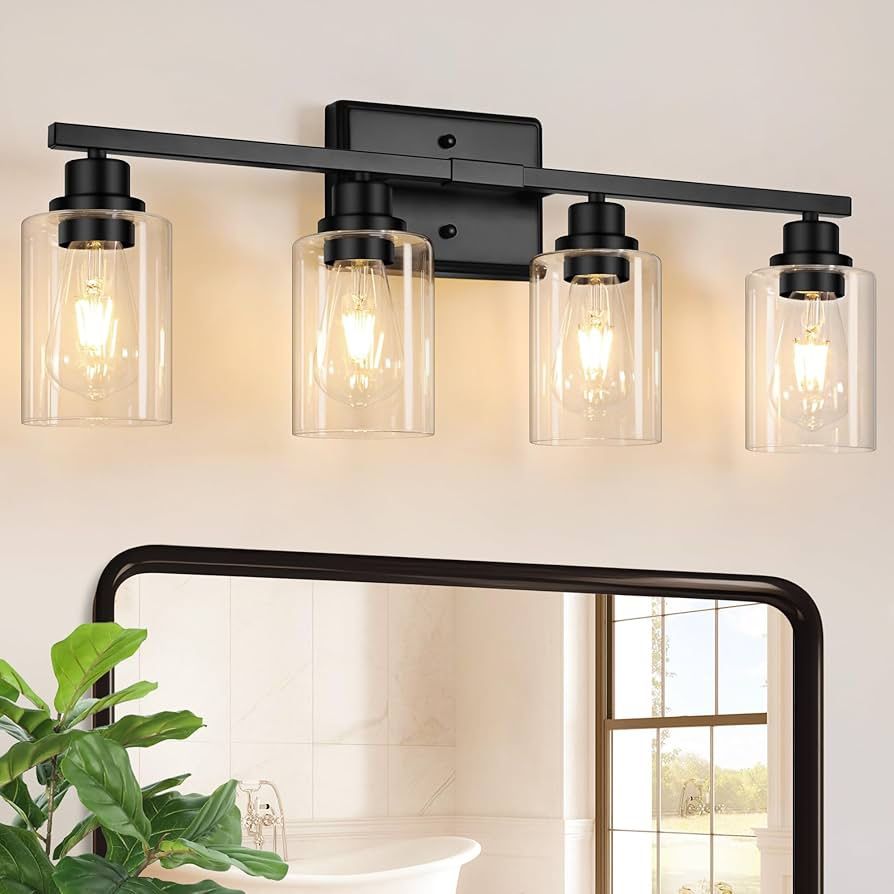 25.5” Modern Bathroom Light Fixtures, 4 Light Vanity Lights Over Mirror, Black Wall Lamp with Clear Glass
