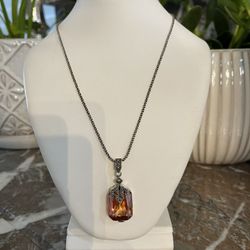 .925 Sterling Silver, Marcasite & Faceted Amber Glass Crystal Pendant on Chain NWOT