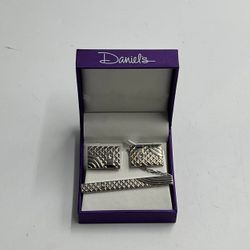 Men’s Cufflinks Tie Bar Set Silver Tone Formal Wedding Groom Gift w Box