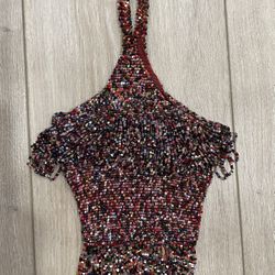 Vintage Multicolored Beaded Fringe Wristlet Purse Small Handbag - Red 