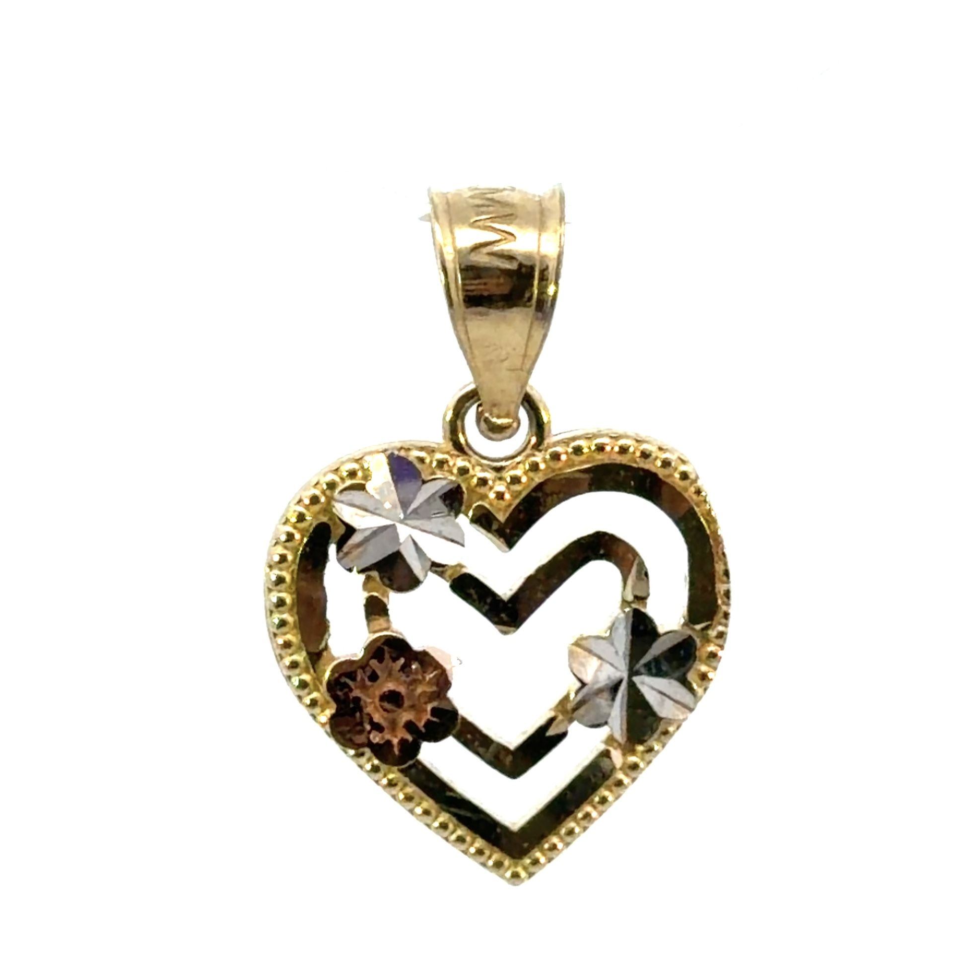 Woman’s Ladies 14k Tri Toned Rose White Yellow Gold Heart And Flowers Charm Pendant For Necklace GP3095061