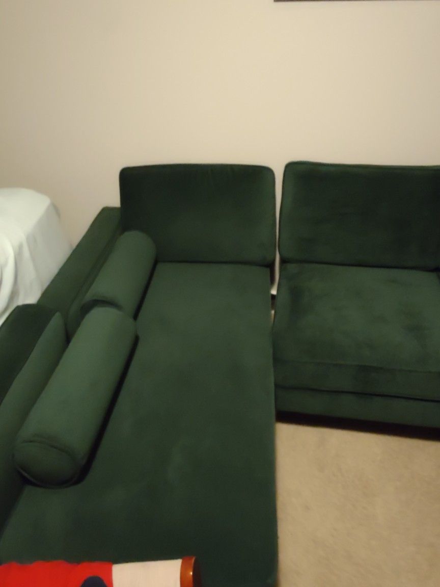 Nomad Velvet Sofa with Chaise Jade Velvet, Walnut NVSC-JD-3-MD-DW,  Like New, Excellent Condition