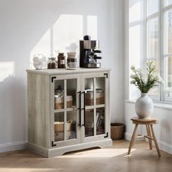 Coffee Bar Storage Cabinet with Doors and Shelves Farmhouse Buffet Cabinet for Kitchen, White oak
