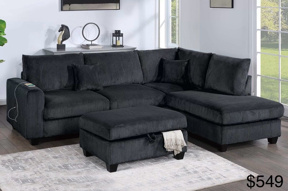 Black Corduroy Sectional Sofa With Ottoman Storage 