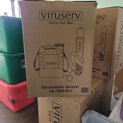 The object in the image is a Viruserv 16L-VEB-5in1 backpack electrostatic sprayer. This device is used to efficiently apply disinfectant solutions to 