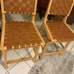 CangLong Bar Stool Set of 2, Counter Stool with PU Leather Woven Straps Seat & Back, Wooden Frame Bar Chair 24" Seat Height for Kitchen Island & Pub,