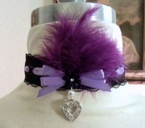 Handmade Lace Choker With Heart Pendant & Feathers