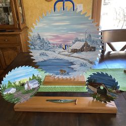 4 Hand painted Saw Blades And Stands