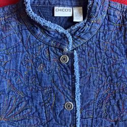 CHICO'S BLUE quilted floral embroidery WOMENS JACKET Size 3 / 16 / XL ‼️ LIKE NEW -  RARE & Beautiful ‼️