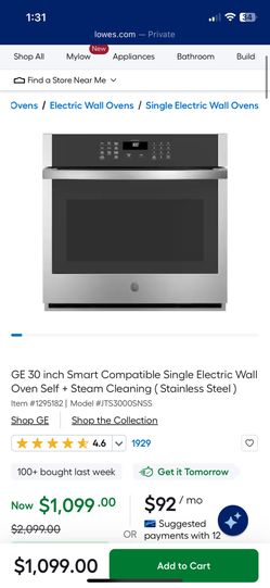 GE 30 inch Smart Compatible Single Electric Wall Oven Self + Steam Cleaning ( Stainless Steel )