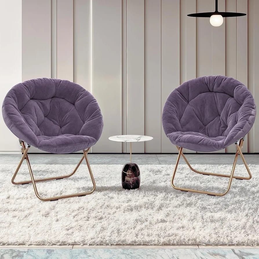 MoNiBloom Set of 2 Extra Large Faux Leather Saucer Chairs, Folding Accent Chair, Moon Chair with Padded Seat and Metal Frame for Bedroom, Living Room,