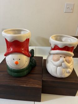 Ceramic Christmas Snowman and Santa Candle holders