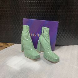 vivianly Square-Toe Mid Calf Crocodile Print Ankle Boots Thick Heel Short Booties Size(8-9-10) Color Lake Blue