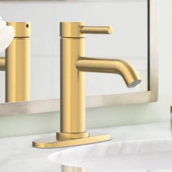 allen + roth Harlow Brushed Gold Single hole 1-handle WaterSense Mid-arc Residential Handle Bathroom Sink Faucet with Drain with Deck Plate