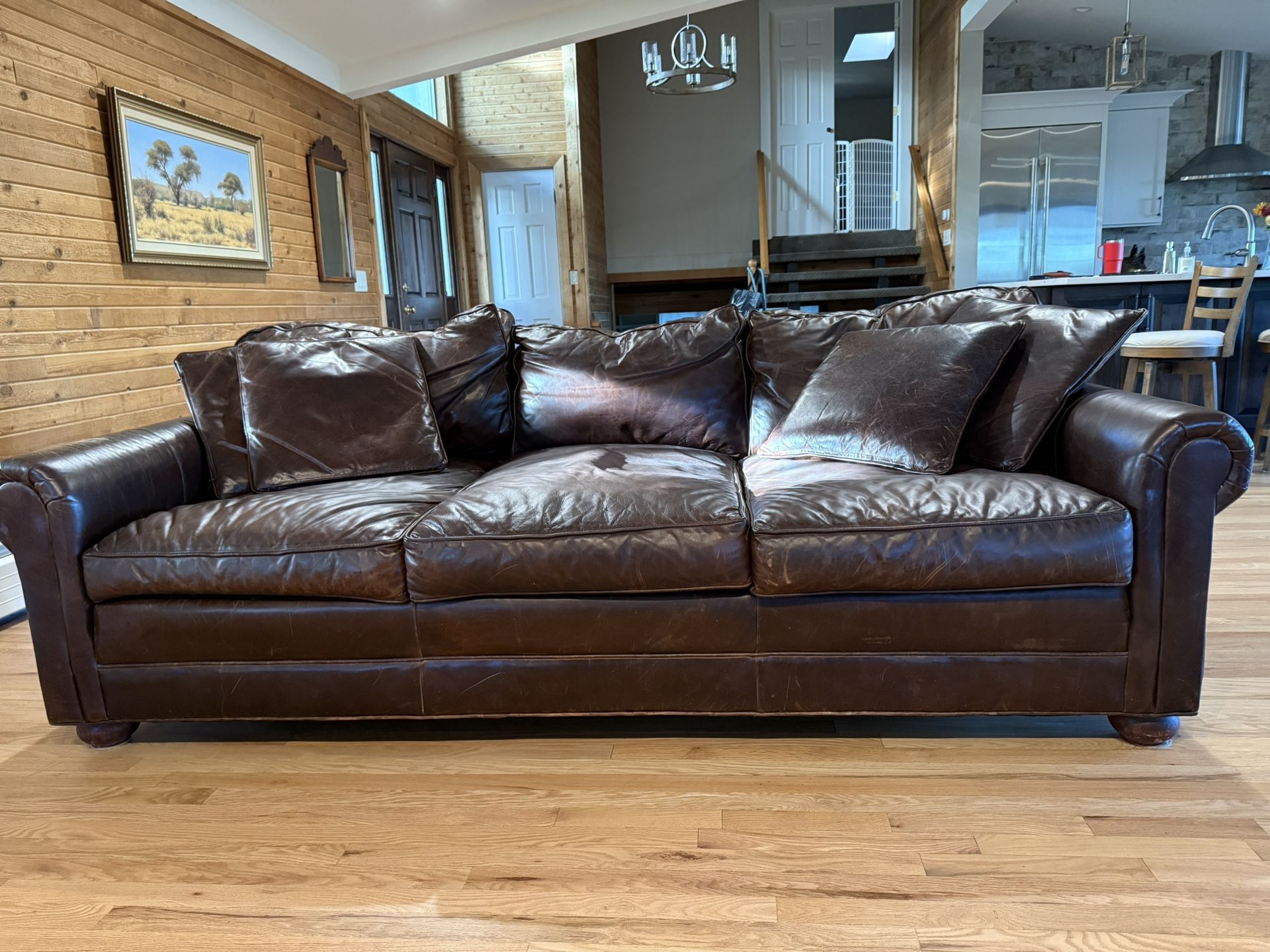 RH original Lancaster three-seat leather sofa, chair, and ottoman set