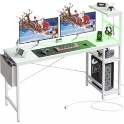 Bestier Gaming Desk With Power Outlets, 61 Inch Large Led Gamer Desk With 4 Tiers Reversible Shelves