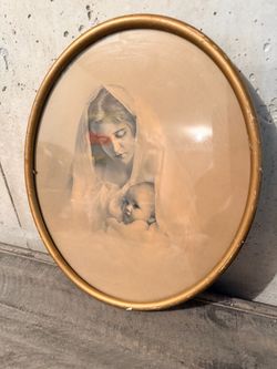 Vintage Oval Gold Frame Madonna and Child Print