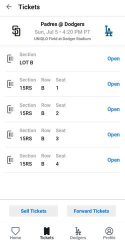 7/5 Dodgers vs Padres (4 tickets & Parking)