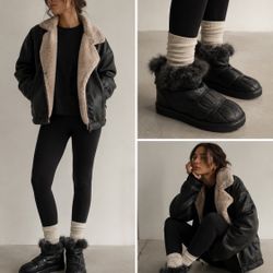 Stuart Weitzman Boots Womens 8.5 Janica Black Leather Dyed Lamb Fur Chunky Boot