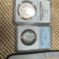 1891 SMS 65 Toner Old Holder 1550 Very Very Nice Coin Toning’s Incredible And A 1896NS 63 Morgan silver dollar very rare key date 4400