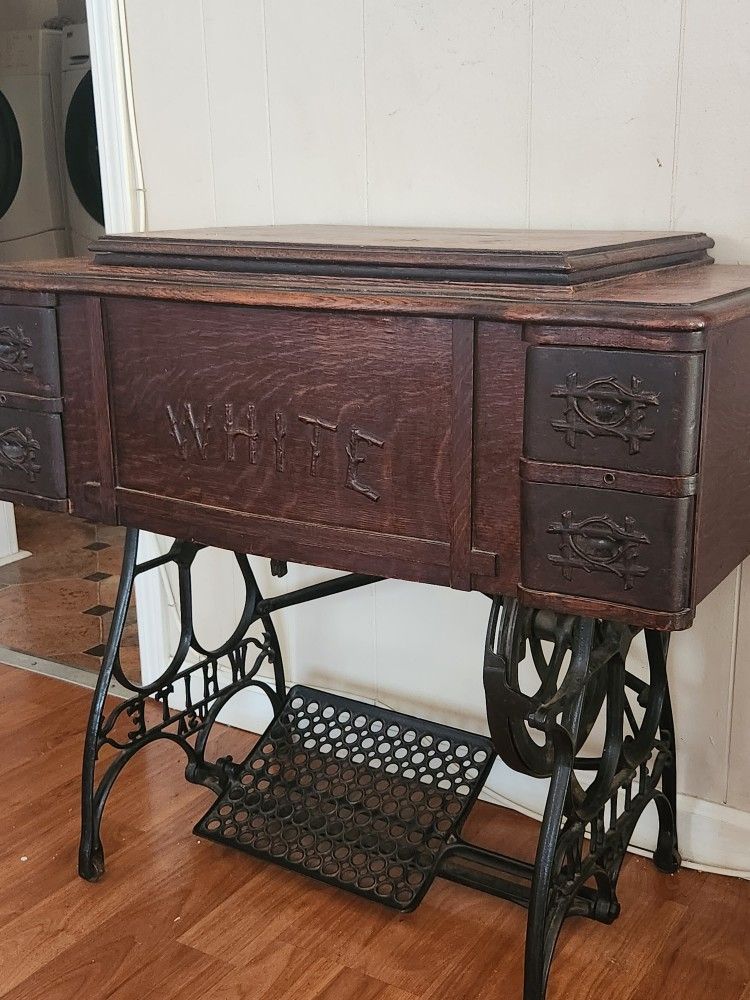 Antique White Sewing Machine Cast Iron Pedestal