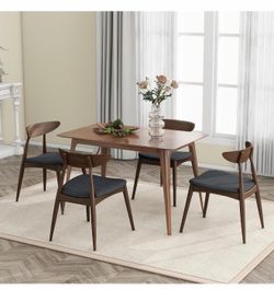 5 Piece Dining Table Set with 4 Upholstered Chairs,Mid-Century Solid Rubberwood Kitchen Table and Chairs Set,Rectangular Wood Dining Room Table Set fo